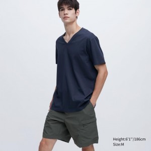 Koszulki Męskie Uniqlo Dry Color V-Neck Short-Sleeve Granatowe | 5694531
