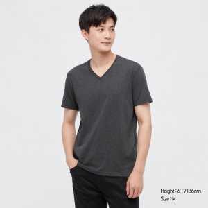 Koszulki Męskie Uniqlo Dry Color V-Neck Short-Sleeve Szare | 3637958