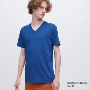 Koszulki Męskie Uniqlo Dry Color V-Neck Short-Sleeve Niebieskie | 6411691