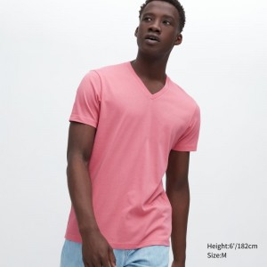 Koszulki Męskie Uniqlo Dry Color V-Neck Short-Sleeve Różowe | 6033302