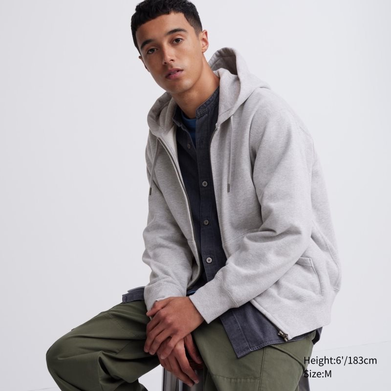 Bluza z Kapturem Męskie Uniqlo Sweat Long-sleeve Full-zip Szare | 5820383