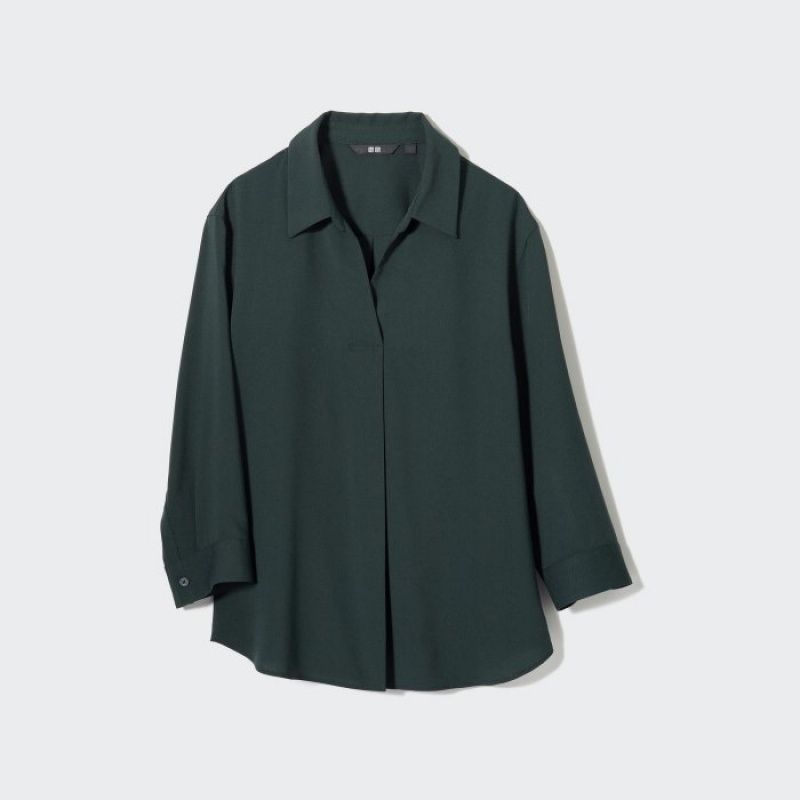 Bluzka Damskie Uniqlo Rayon Skipper Collar 3/4-Sleeve Zielone | 767232