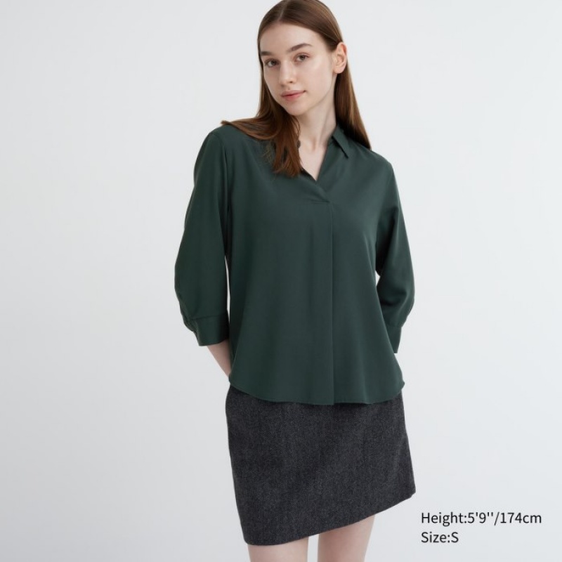 Bluzka Damskie Uniqlo Rayon Skipper Collar 3/4-Sleeve Zielone | 767232