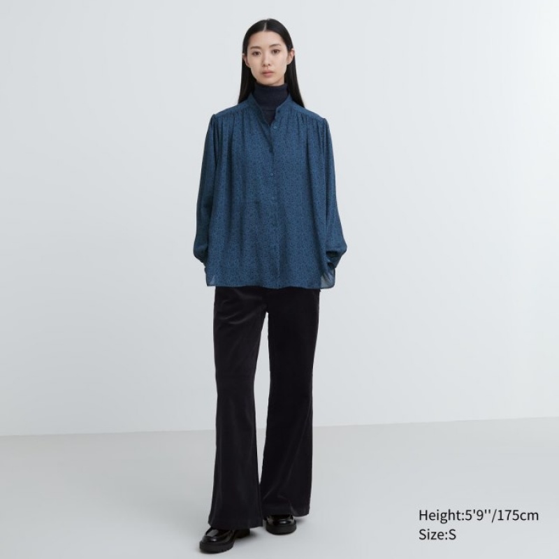 Bluzka Damskie Uniqlo Volume Long-Sleeve Niebieskie | 1310138