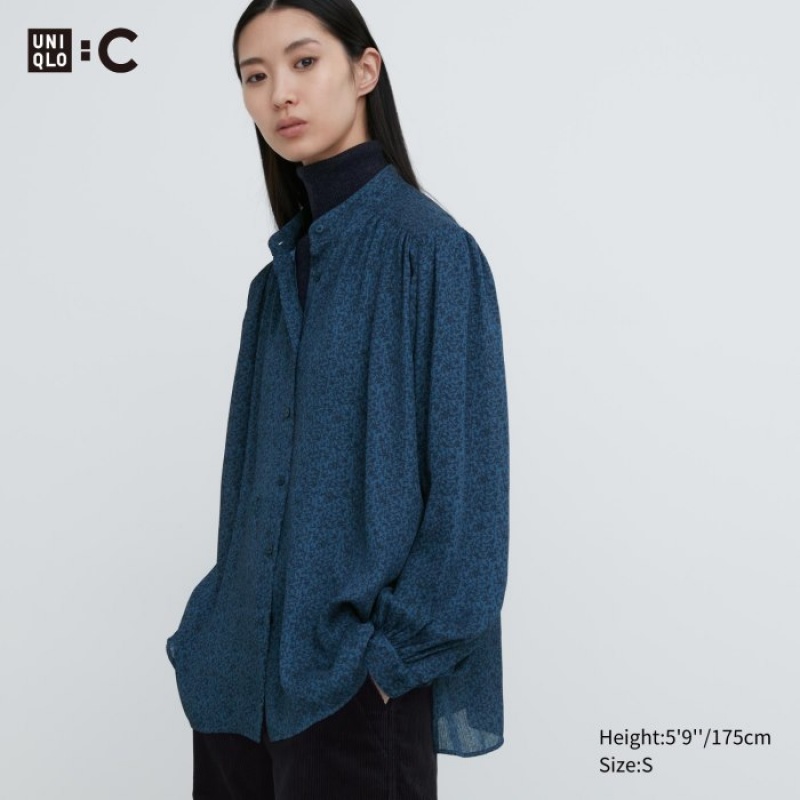 Bluzka Damskie Uniqlo Volume Long-Sleeve Niebieskie | 1310138