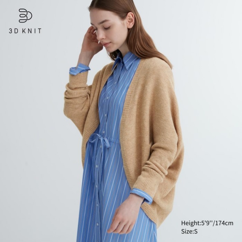Kardigan Damskie Uniqlo 3D Knit Souffle Yarn Long-Sleeve Beżowe | 7591841