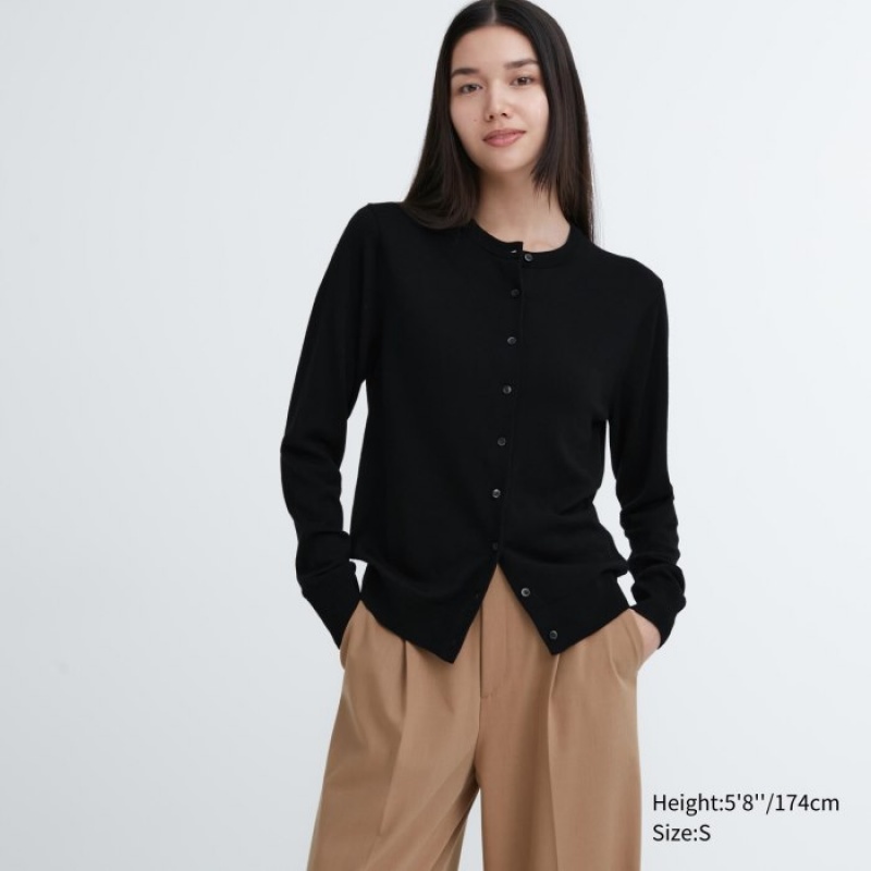 Kardigan Damskie Uniqlo Extra Fine Merino Crew Neck Czarne | 3018832
