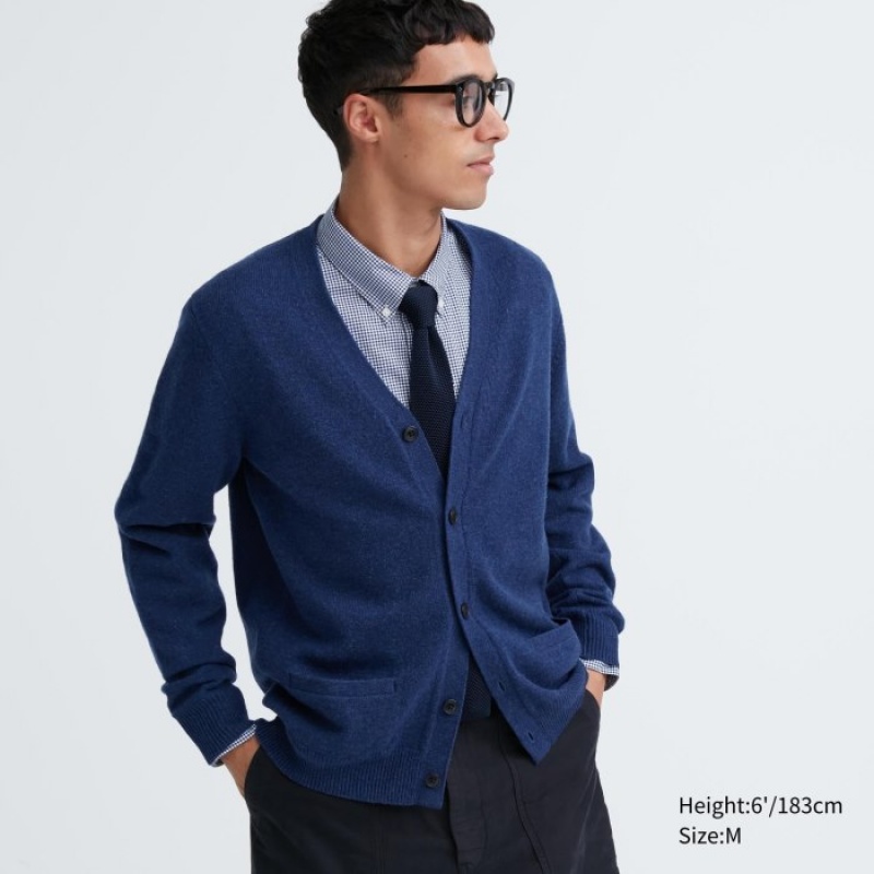Kardigan Damskie Uniqlo Premium Lambswool V-Neck Niebieskie | 9061857