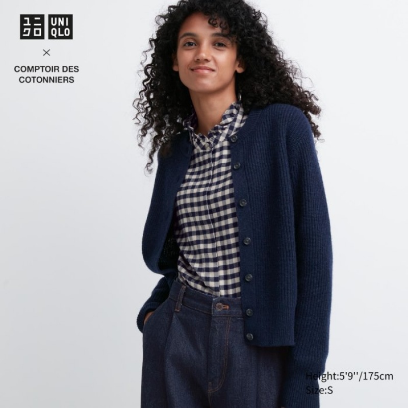 Kardigan Damskie Uniqlo Premium Lambswool Long-Sleeve Granatowe | 7698839