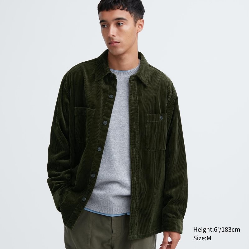 Koszule Męskie Uniqlo Corduroy Work Long-sleeve Oliwkowe | 8292382