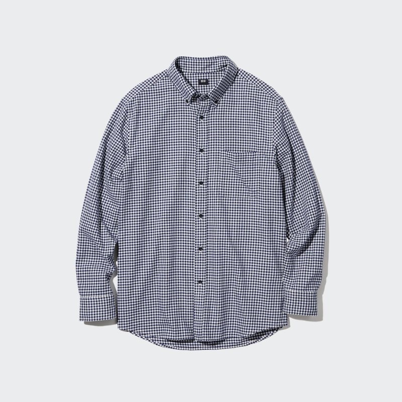 Koszule Męskie Uniqlo Flannel Checked Long-sleeve Granatowe | 8597460