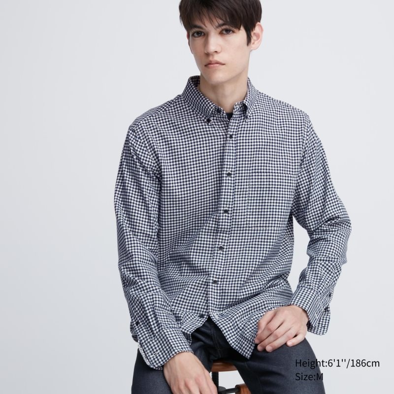 Koszule Męskie Uniqlo Flannel Checked Long-sleeve Granatowe | 8597460