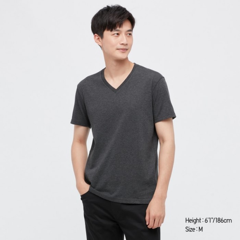 Koszulki Damskie Uniqlo Dry Color V-Neck Short-Sleeve Szare | 9925402