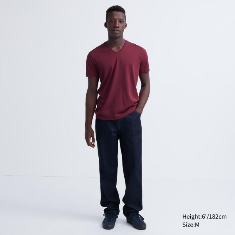 Koszulki Damskie Uniqlo Dry Color V-Neck Short-Sleeve Czerwone | 6262217