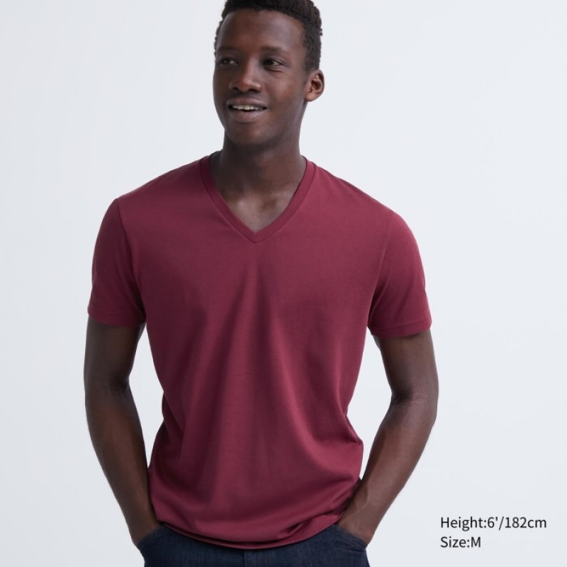 Koszulki Damskie Uniqlo Dry Color V-Neck Short-Sleeve Czerwone | 6262217