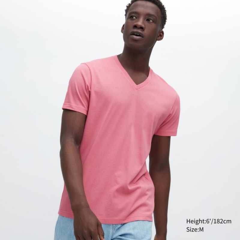 Koszulki Damskie Uniqlo Dry Color V-Neck Short-Sleeve Różowe | 7202846
