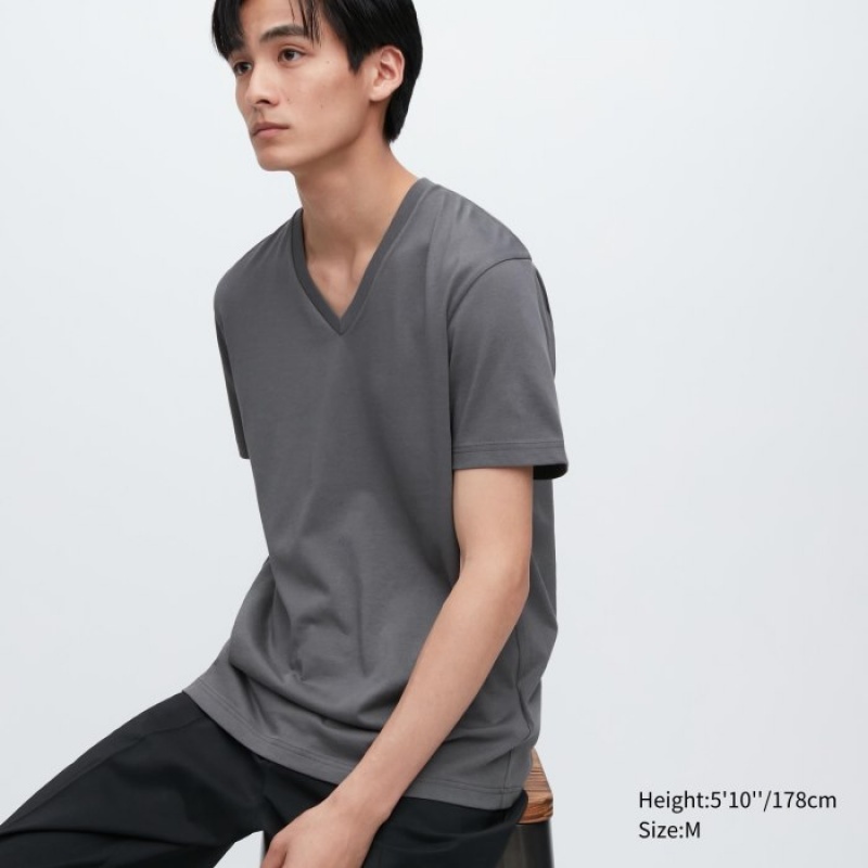 Koszulki Damskie Uniqlo Dry Color V-Neck Short-Sleeve Szare | 6140481