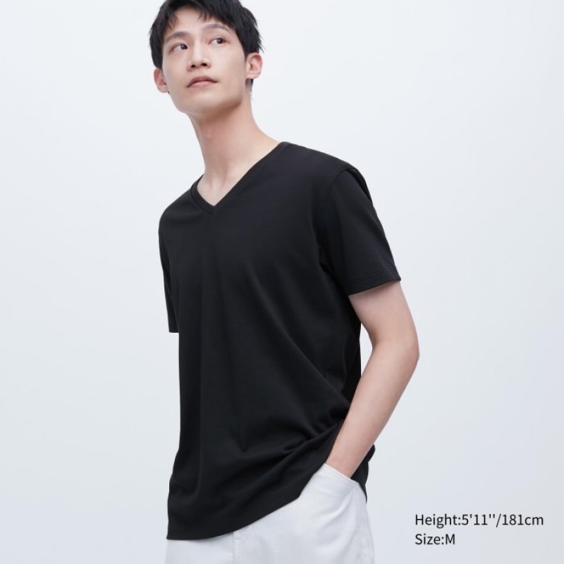 Koszulki Damskie Uniqlo Dry Color V-Neck Short-Sleeve Czarne | 7341647