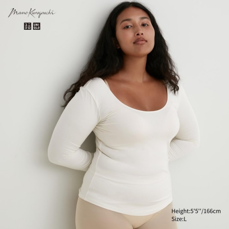 Koszulki Damskie Uniqlo HEATTECH Ballet Neck Long-Sleeve Silk Blend Białe | 2231849
