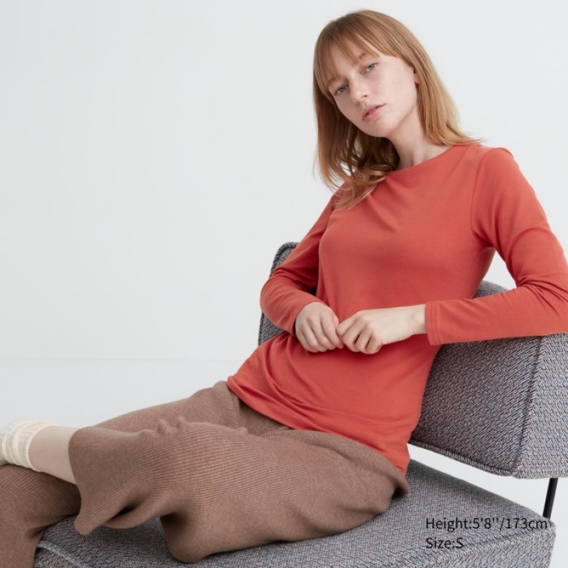Koszulki Damskie Uniqlo HEATTECH Cotton Crew Neck Long-Sleeve Czerwone | 2213892