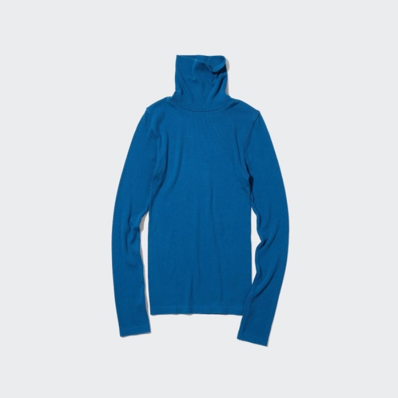 Koszulki Damskie Uniqlo HEATTECH Extra Warm Seamless Ribbed Turtleneck Long-Sleeve Niebieskie | 9838954