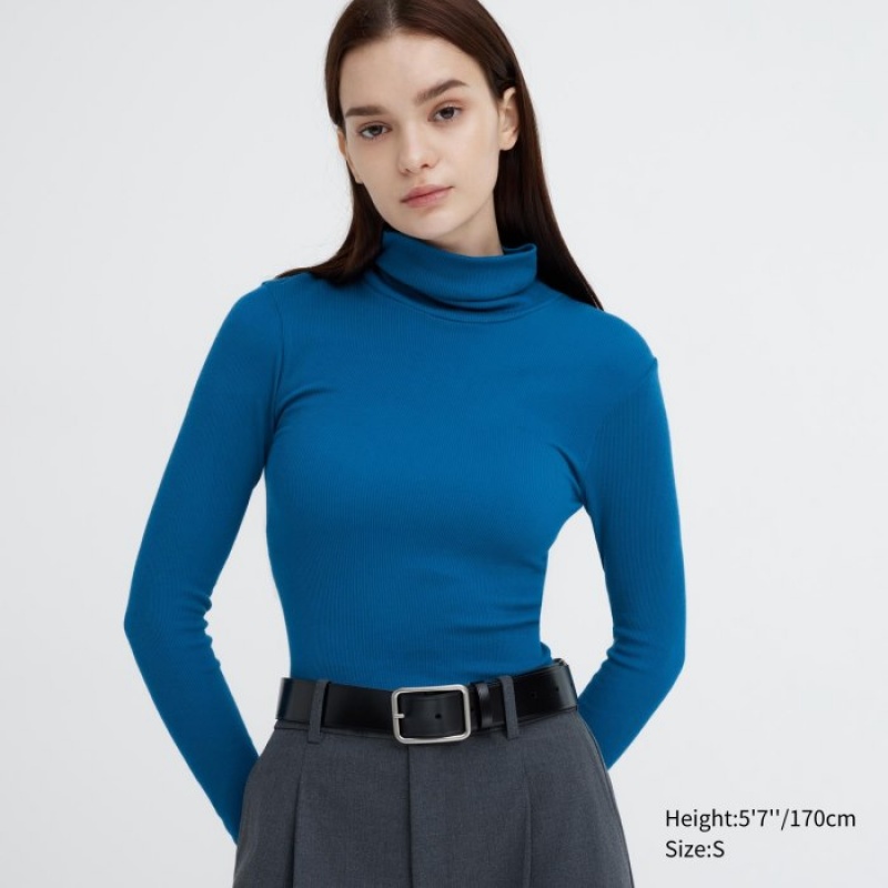 Koszulki Damskie Uniqlo HEATTECH Extra Warm Seamless Ribbed Turtleneck Long-Sleeve Niebieskie | 9838954