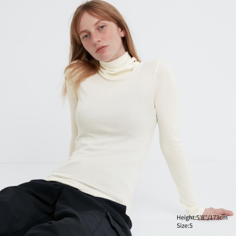 Koszulki Damskie Uniqlo HEATTECH Extra Warm Seamless Ribbed Turtleneck Long-Sleeve Białe | 4265098