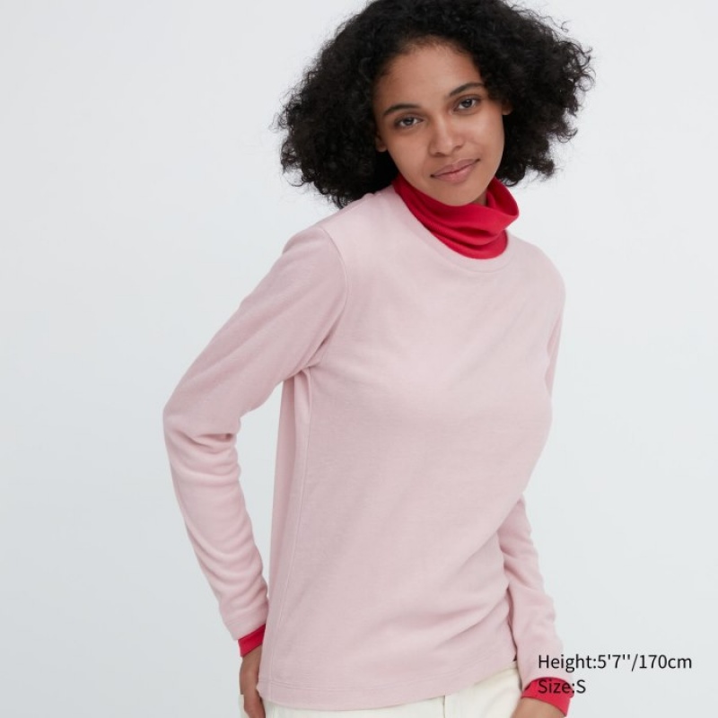 Koszulki Damskie Uniqlo HEATTECH Fleece Crew Neck Long-Sleeve Różowe | 7381280