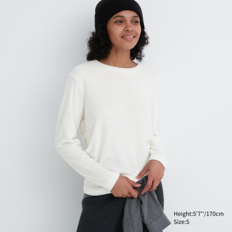 Koszulki Damskie Uniqlo HEATTECH Fleece Crew Neck Long-Sleeve Białe | 9978019