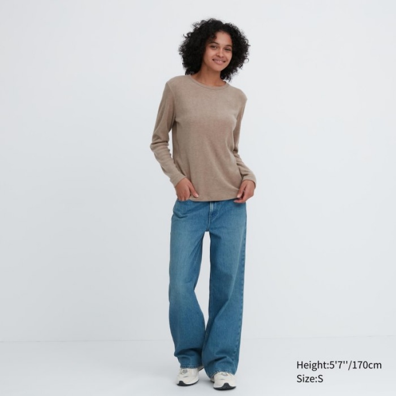 Koszulki Damskie Uniqlo HEATTECH Fleece Crew Neck Long-Sleeve Żółte | 6057578