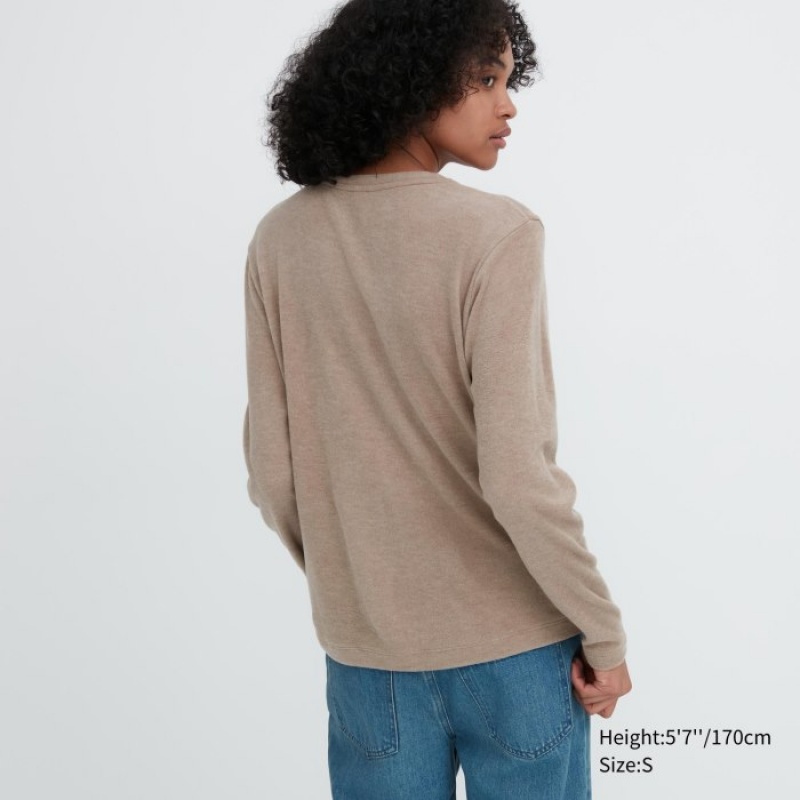 Koszulki Damskie Uniqlo HEATTECH Fleece Crew Neck Long-Sleeve Żółte | 6057578