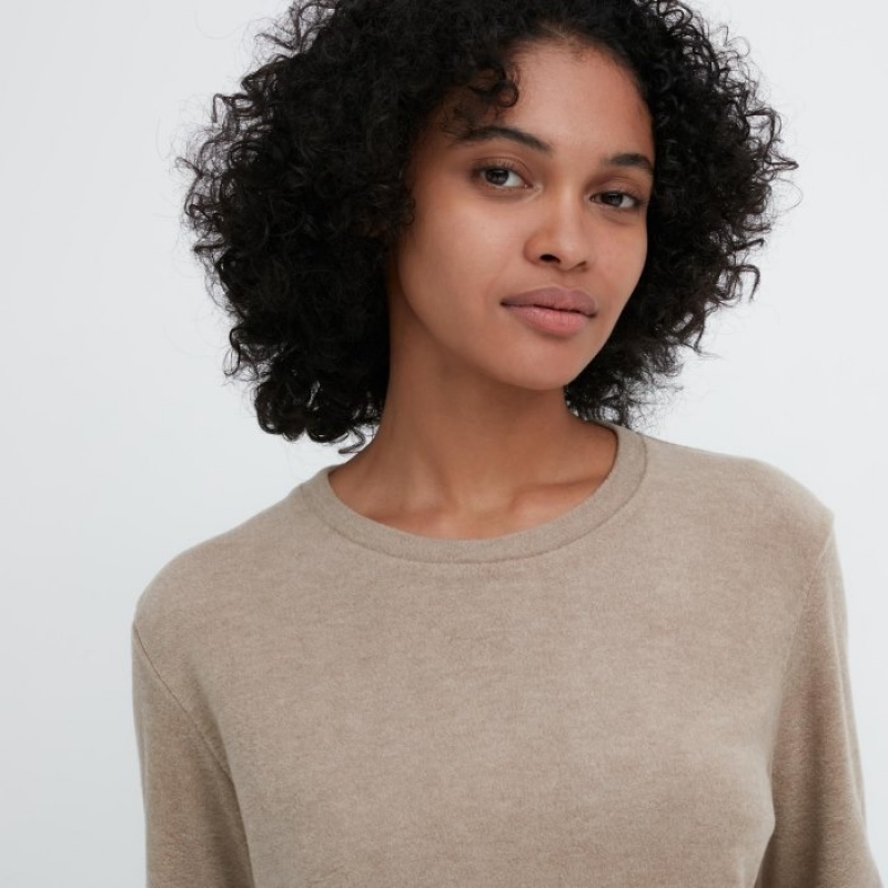 Koszulki Damskie Uniqlo HEATTECH Fleece Crew Neck Long-Sleeve Żółte | 6057578