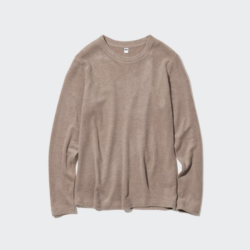 Koszulki Damskie Uniqlo HEATTECH Fleece Crew Neck Long-Sleeve Żółte | 6057578