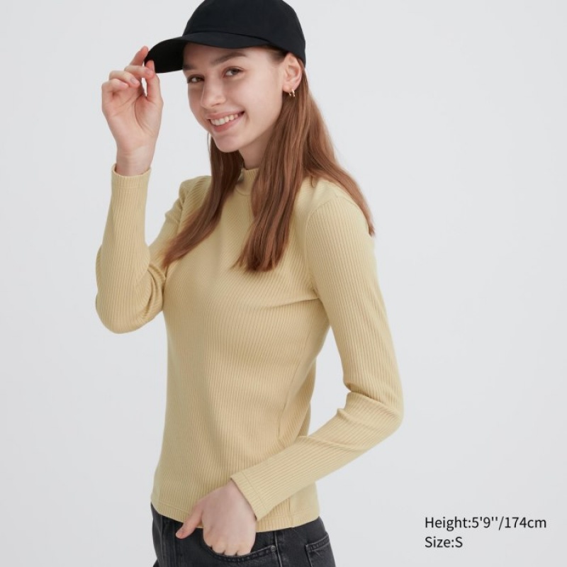 Koszulki Damskie Uniqlo Ribbed High Neck Long-Sleeve Beżowe | 4518226