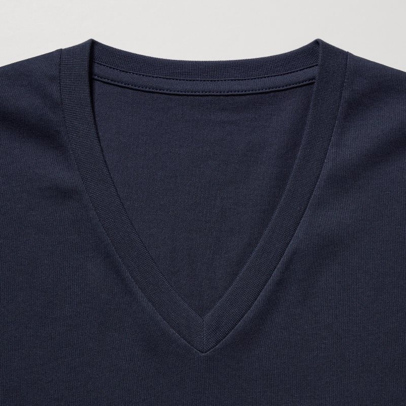 Koszulki Męskie Uniqlo Dry Color V-Neck Short-Sleeve Granatowe | 5694531