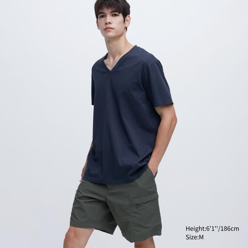 Koszulki Męskie Uniqlo Dry Color V-Neck Short-Sleeve Granatowe | 5694531