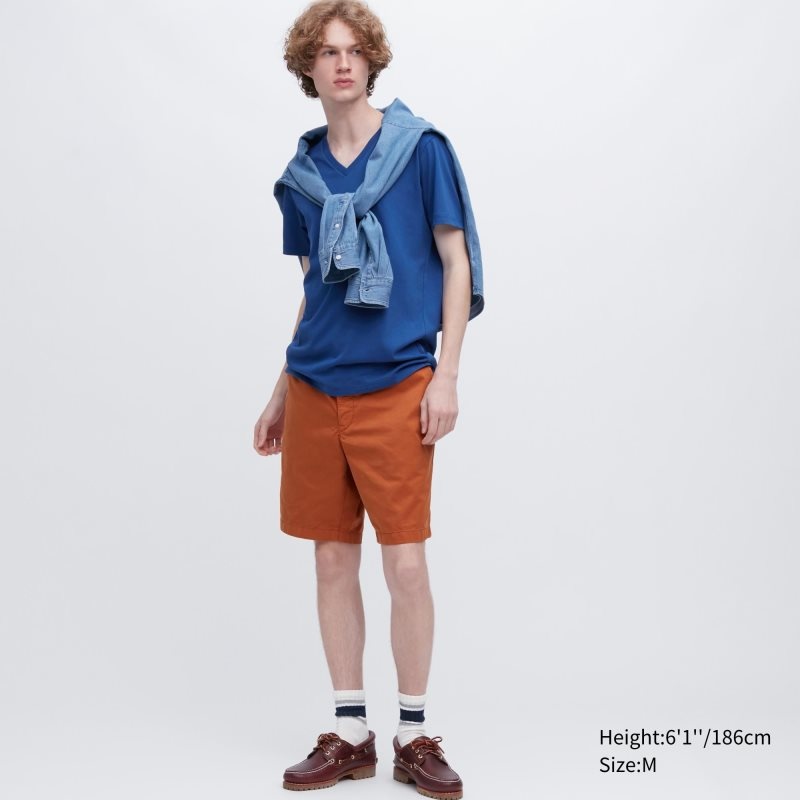 Koszulki Męskie Uniqlo Dry Color V-Neck Short-Sleeve Niebieskie | 6411691