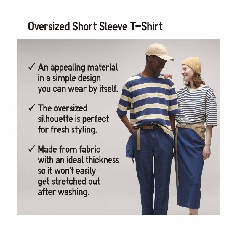 Koszulki Męskie Uniqlo Oversized Striped Half-sleeve Różowe | 7025133