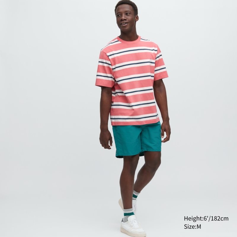Koszulki Męskie Uniqlo Oversized Striped Half-sleeve Różowe | 7025133