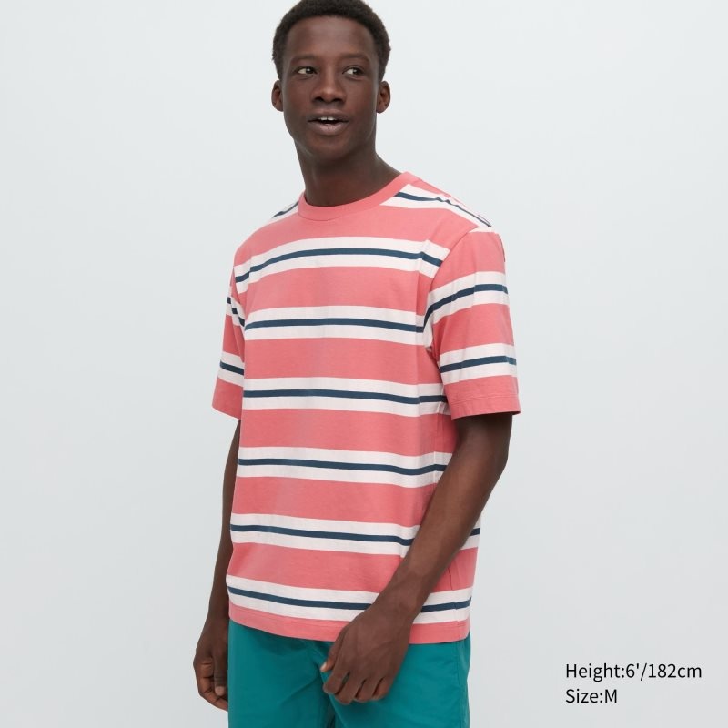 Koszulki Męskie Uniqlo Oversized Striped Half-sleeve Różowe | 7025133