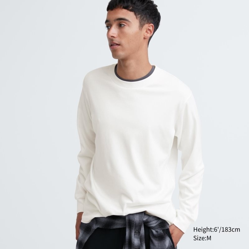 Koszulki Męskie Uniqlo Soft Brushed Crew Neck Long-sleeve Białe | 3035843