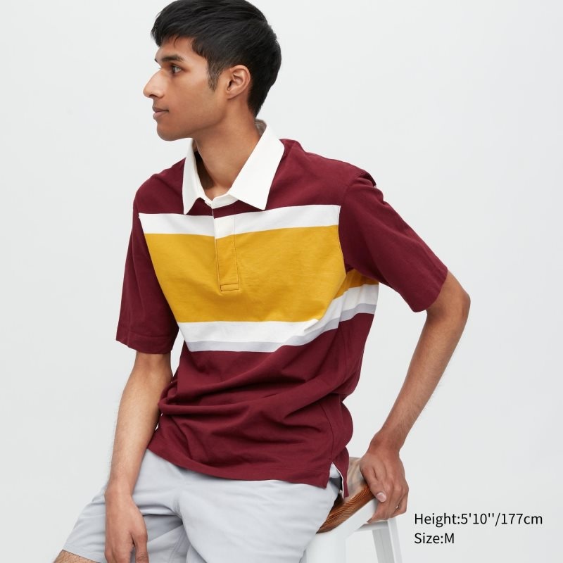 Koszulki Polo Męskie Uniqlo Rugger Striped Short-sleeve Bordowe | 403747