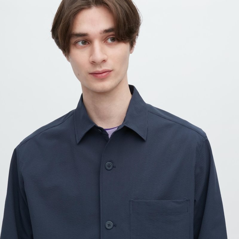 Kurtki Męskie Uniqlo Airsense Shirt SeersuckerUltra Light Shirt Niebieskie | 5138320