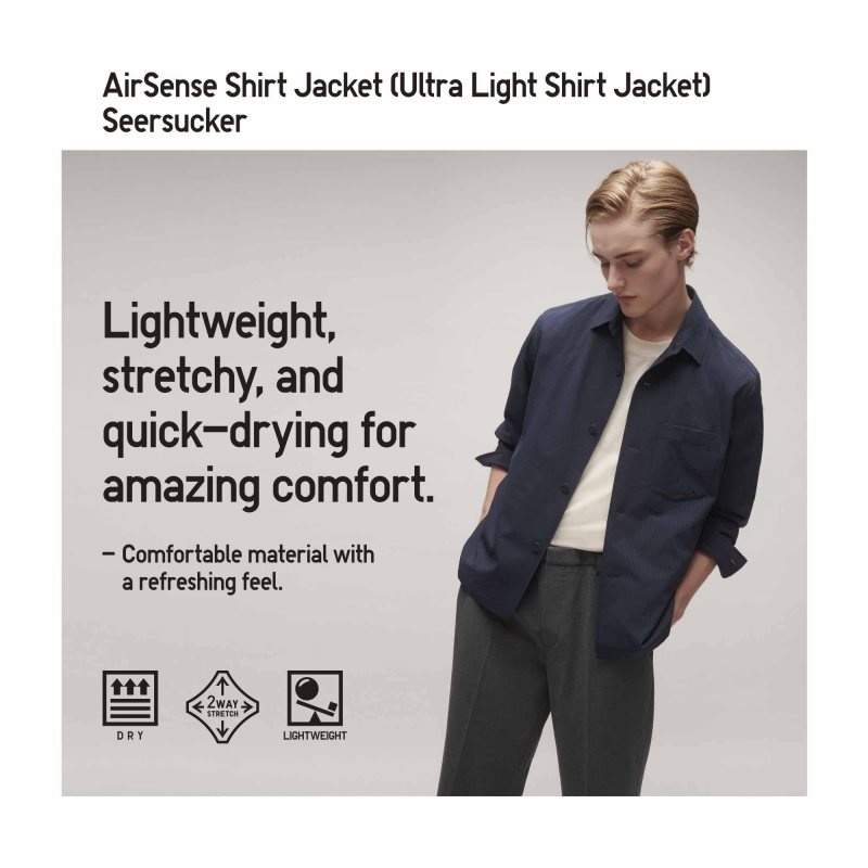 Kurtki Męskie Uniqlo Airsense Shirt SeersuckerUltra Light Shirt Niebieskie | 5138320