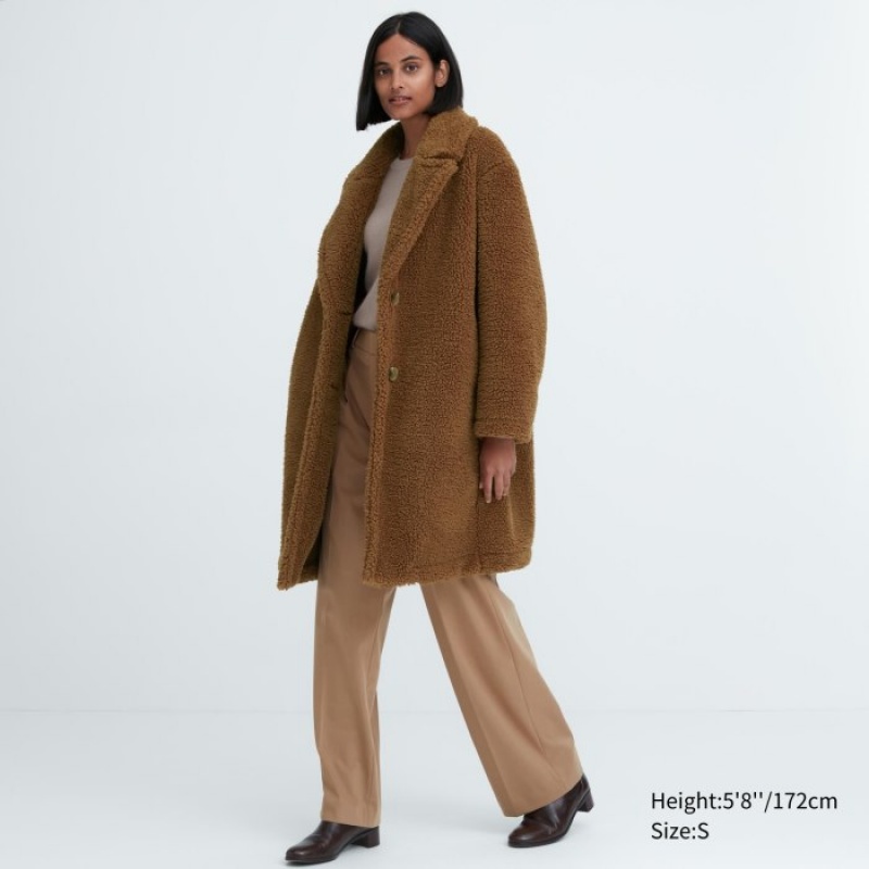Płaszcze Damskie Uniqlo Pile-Lined Fleece Tailored Brązowe | 5972817