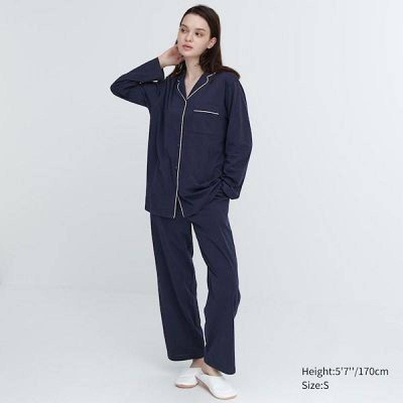 Piżama Damskie Uniqlo AIRism Cotton Long-Sleeve Granatowe | 2593505