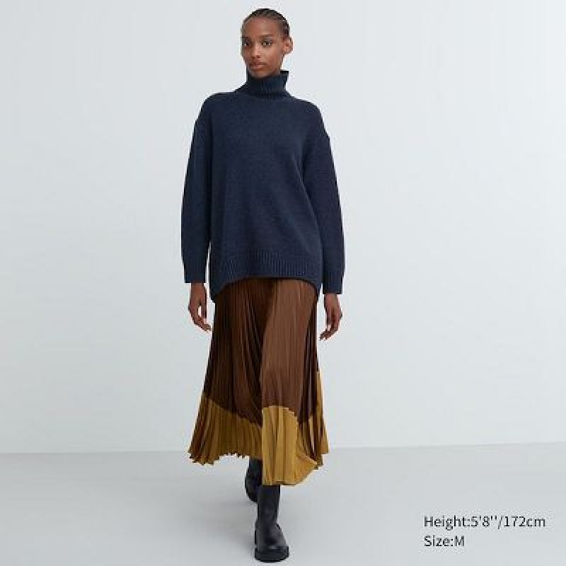 Spódnice Damskie Uniqlo Pleated Color Block Brązowe | 9987115