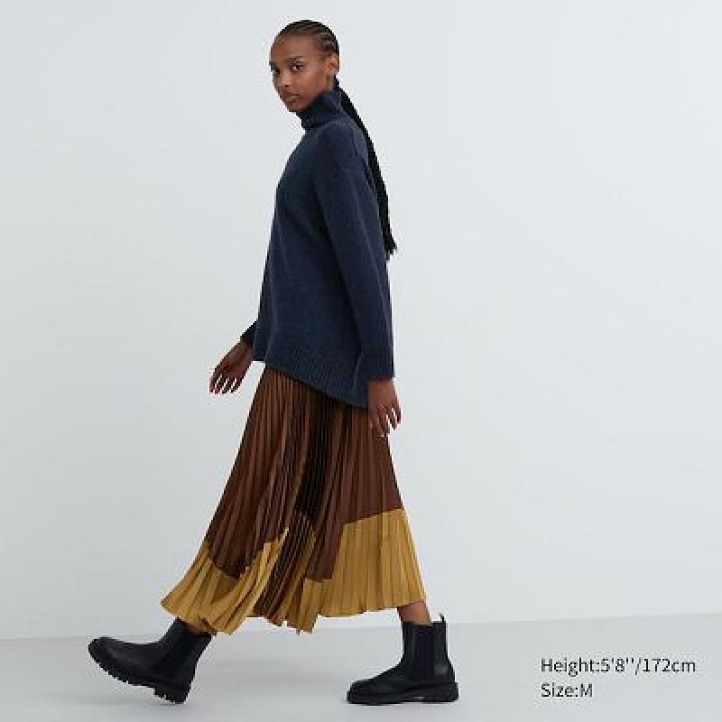 Spódnice Damskie Uniqlo Pleated Color Block Brązowe | 9987115