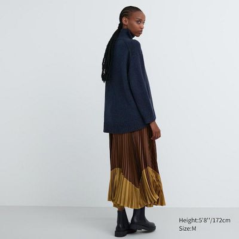Spódnice Damskie Uniqlo Pleated Color Block Brązowe | 9987115