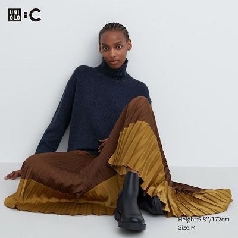 Spódnice Damskie Uniqlo Pleated Color Block Brązowe | 9987115